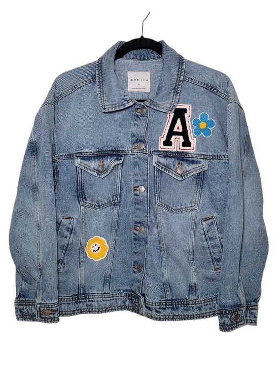 Celebrity Pink Jackets & Blazers - Celebrity Pink Oversized Patchwork Denim Jacket Distressed Womens Small Retro